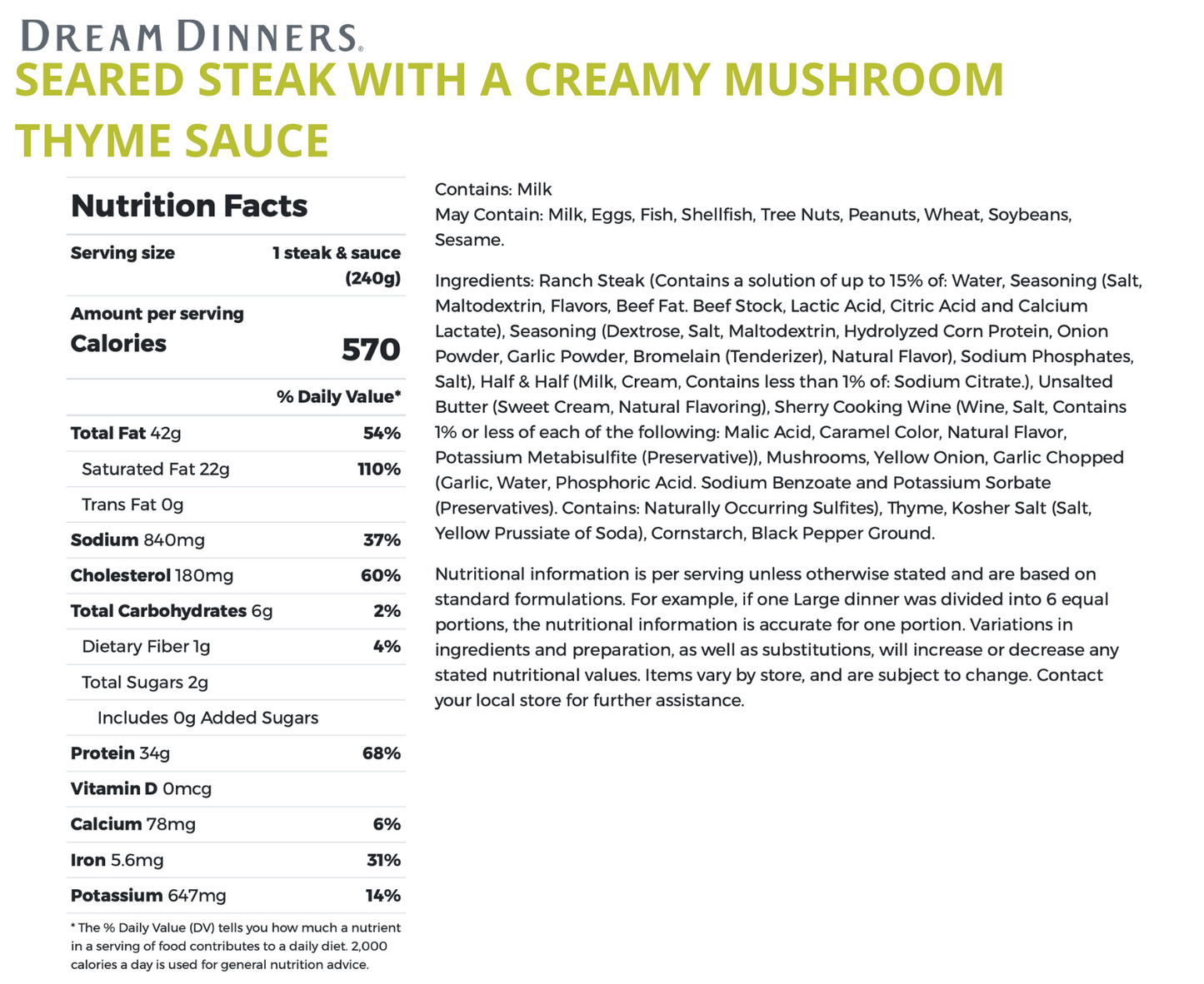 Seared Steak with a Creamy Mushroom Thyme Sauce + Side - LARGE